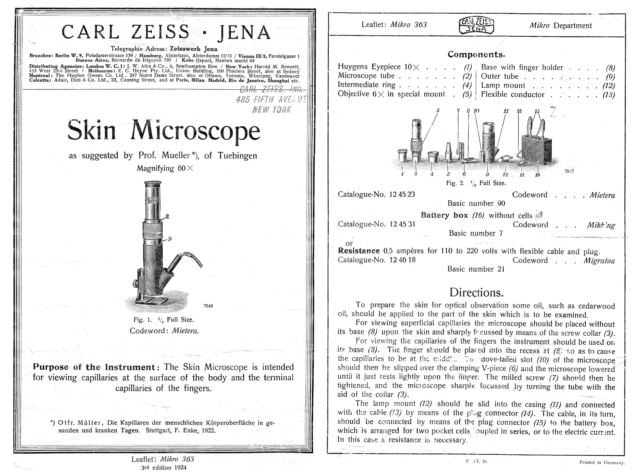 1924 Zeiss Leaflet for Muller Skin Microscope