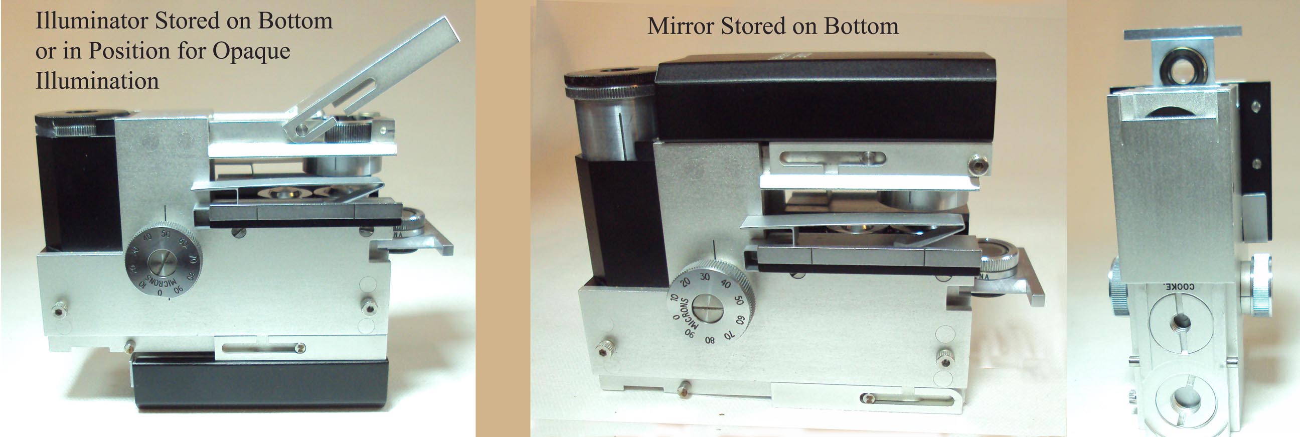 Views of attachement of mirror or illuminator to bottom footplate of McArthur Microscope