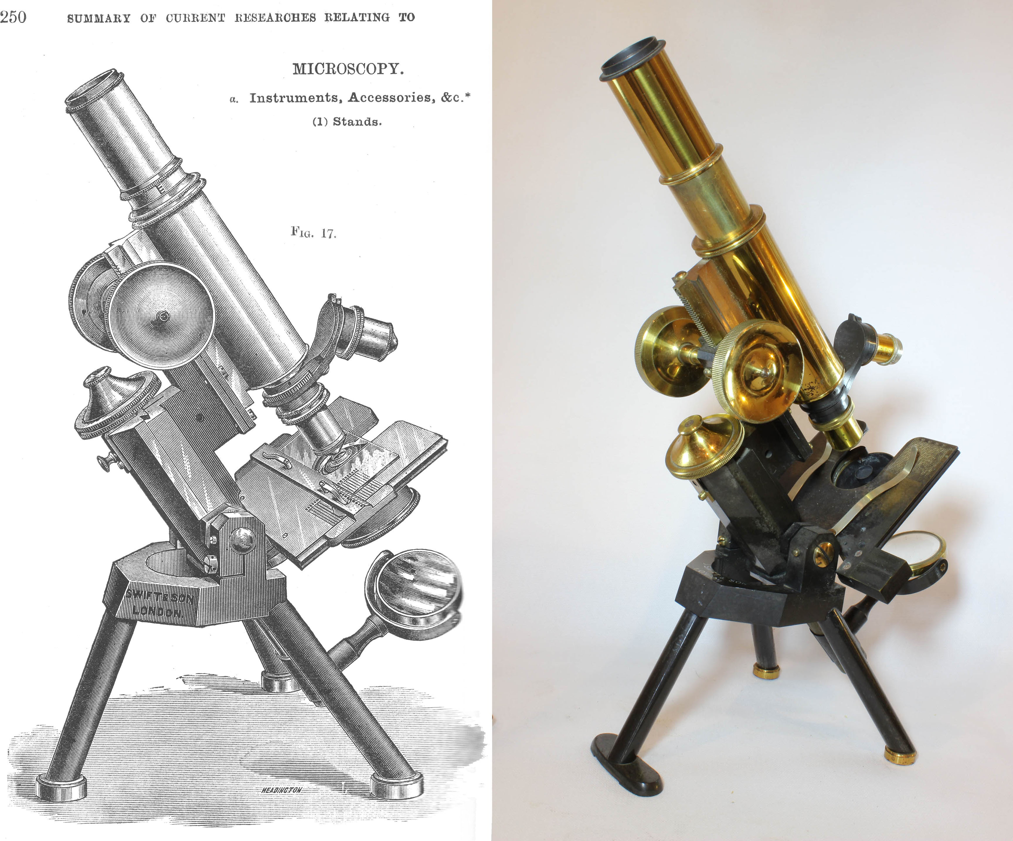 Swift New Histological and Physiological Microscope Engraving from PRMS 1894, next to actual microscope