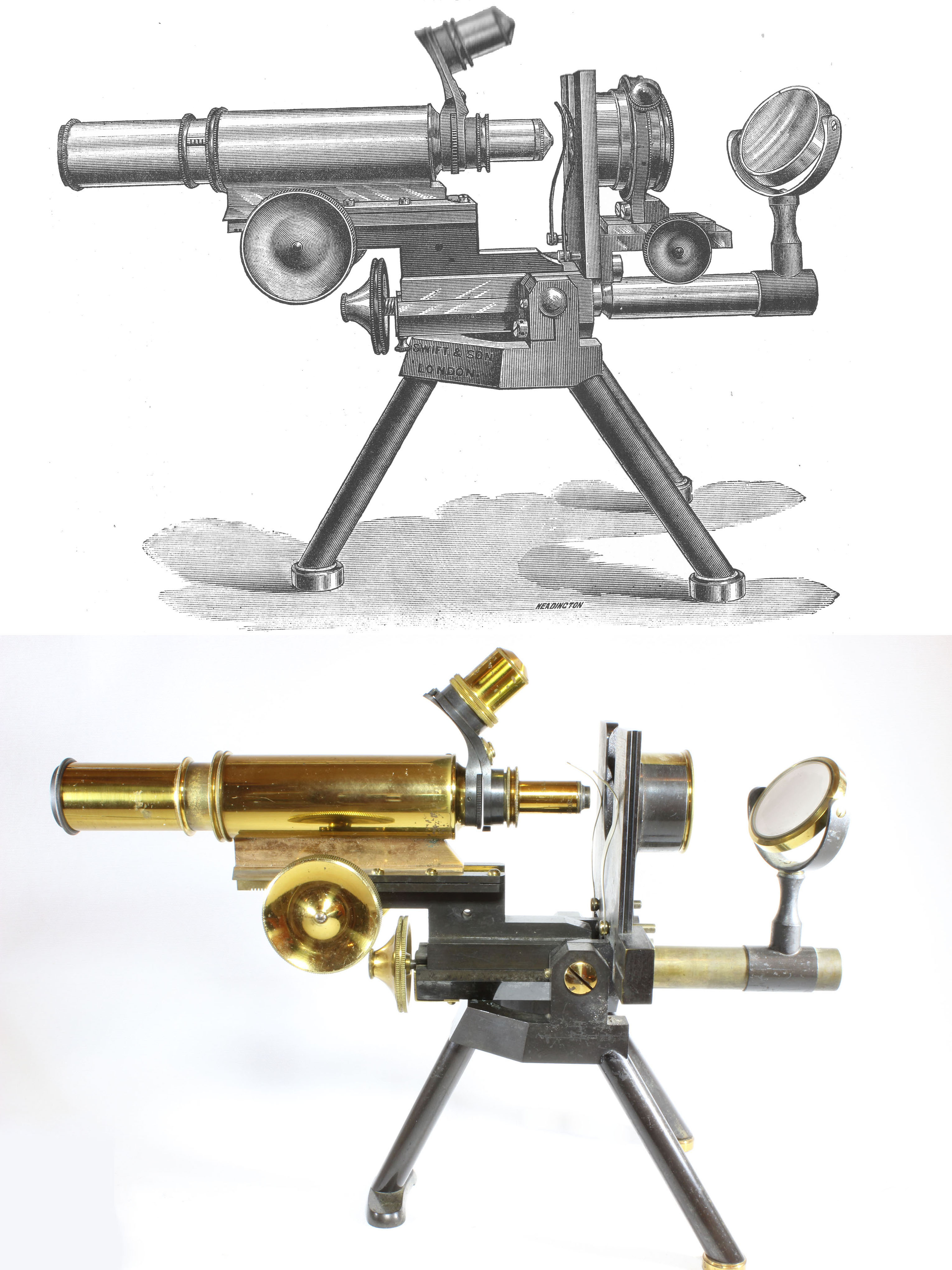 Swift New Histological and Physiological Microscope Engraving from PRMS 1894, next to actual microscope