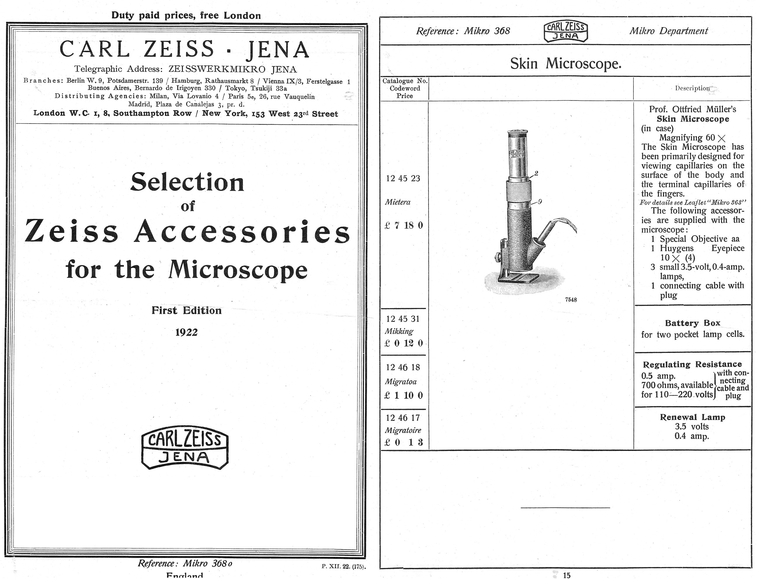 ZEISS 1922 Accessory Catalog entry for  Skin Microscope