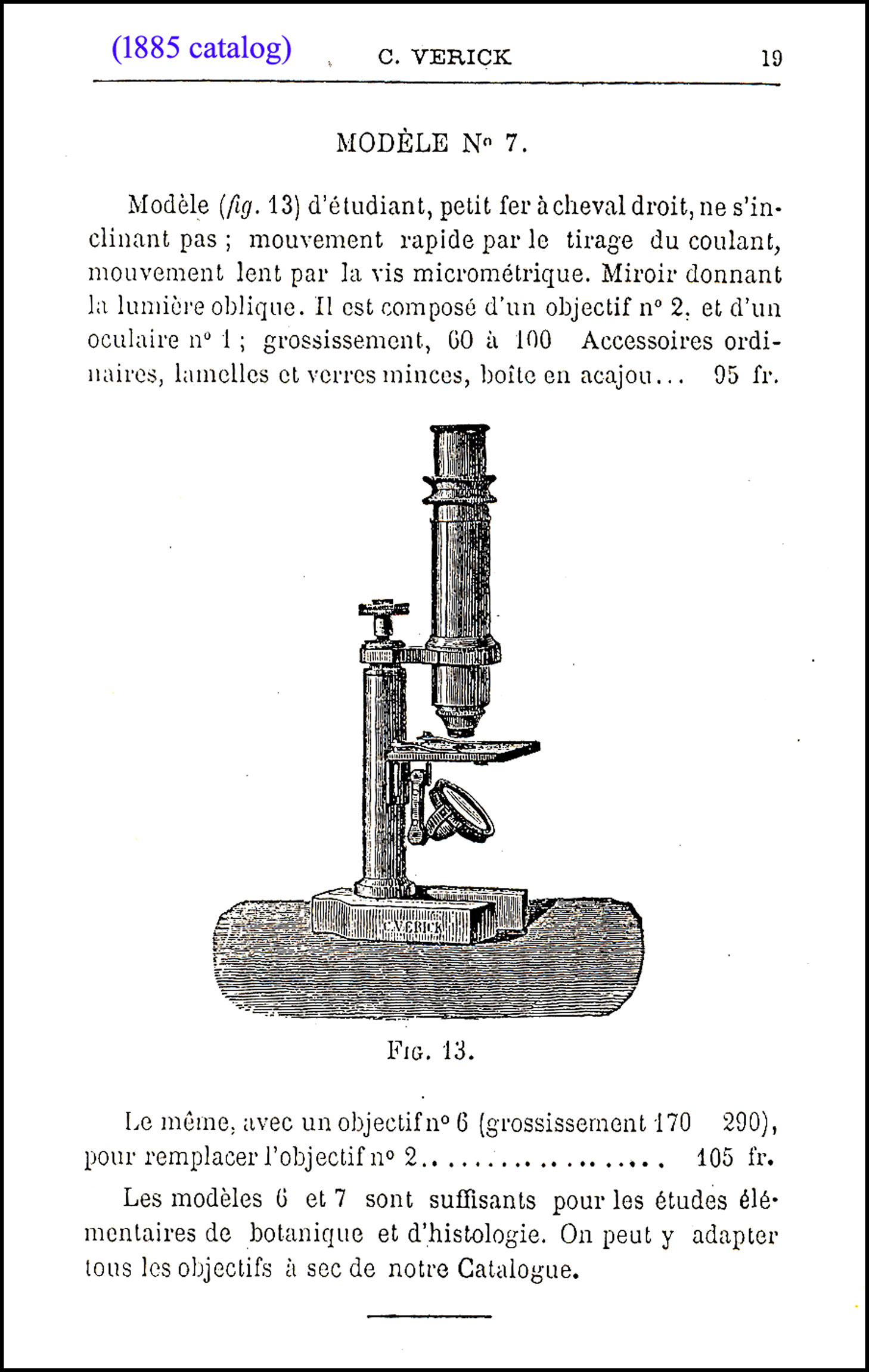 1885 Catalog entry for Verick No 7 Microscope
