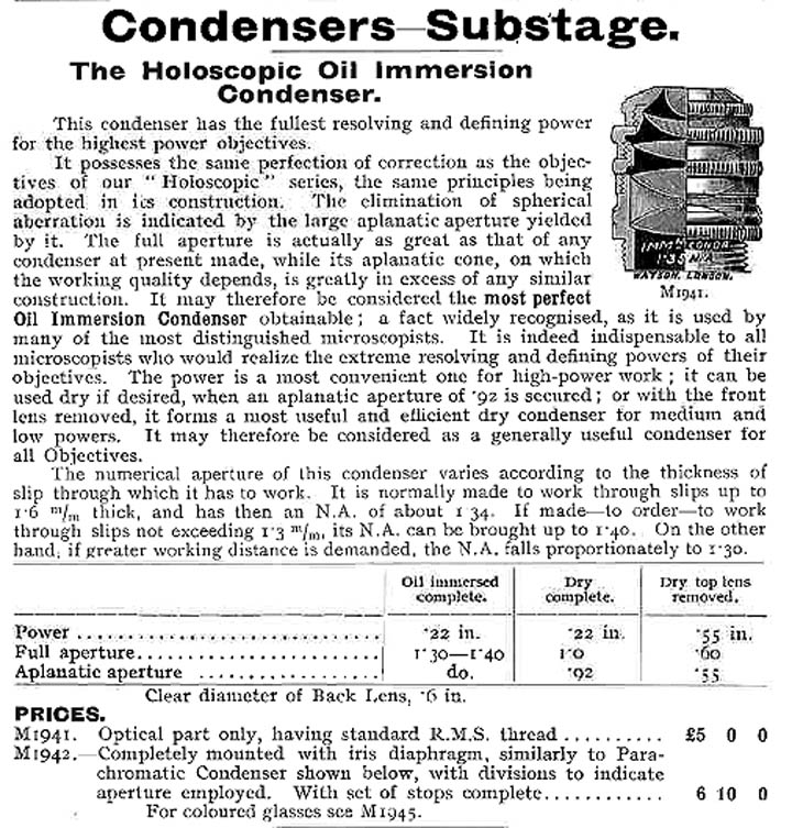 holos oil immersion condenser from Watson 1912-13 Catalog