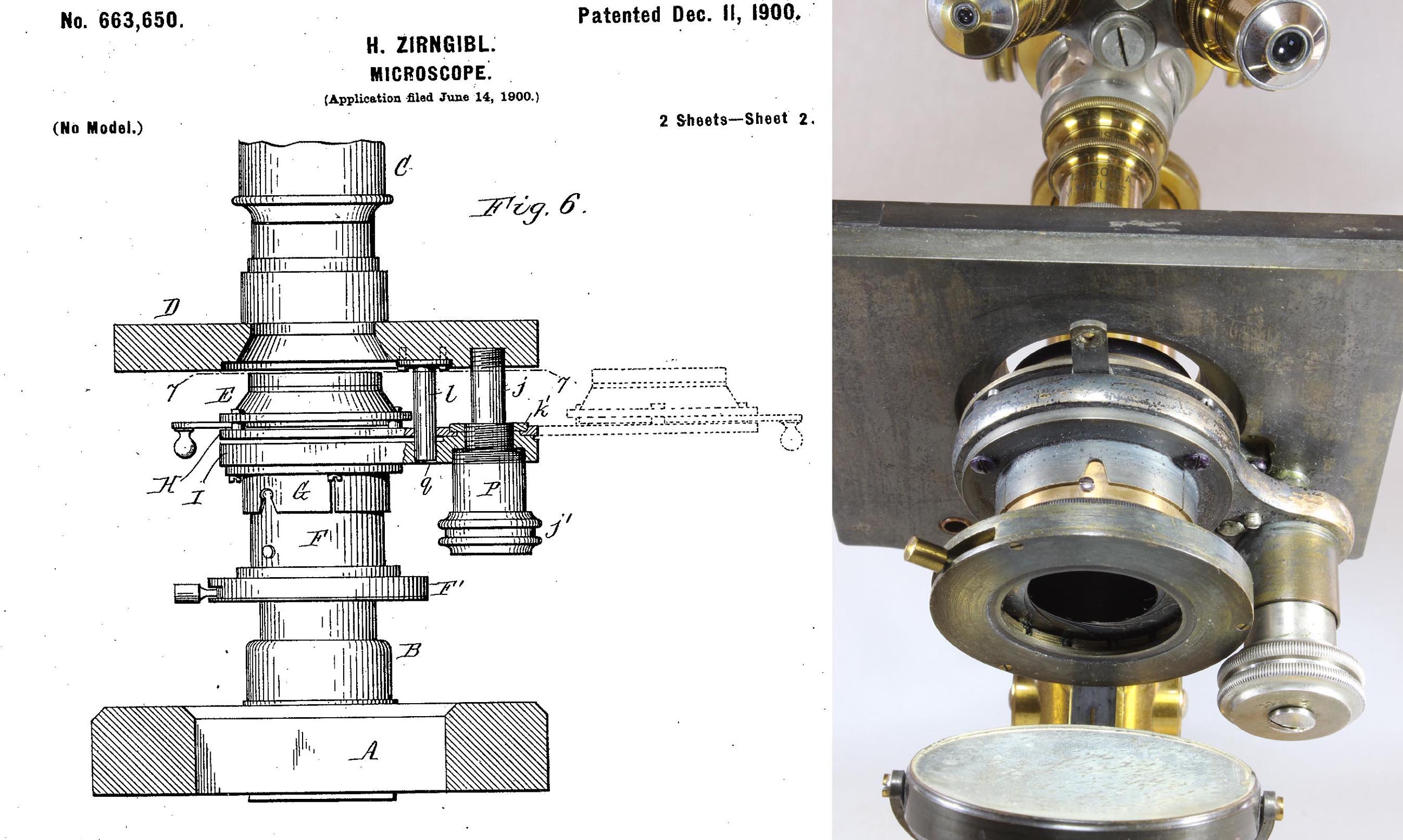 Spencer Number 1 First Class Microscope substage with patent drawing