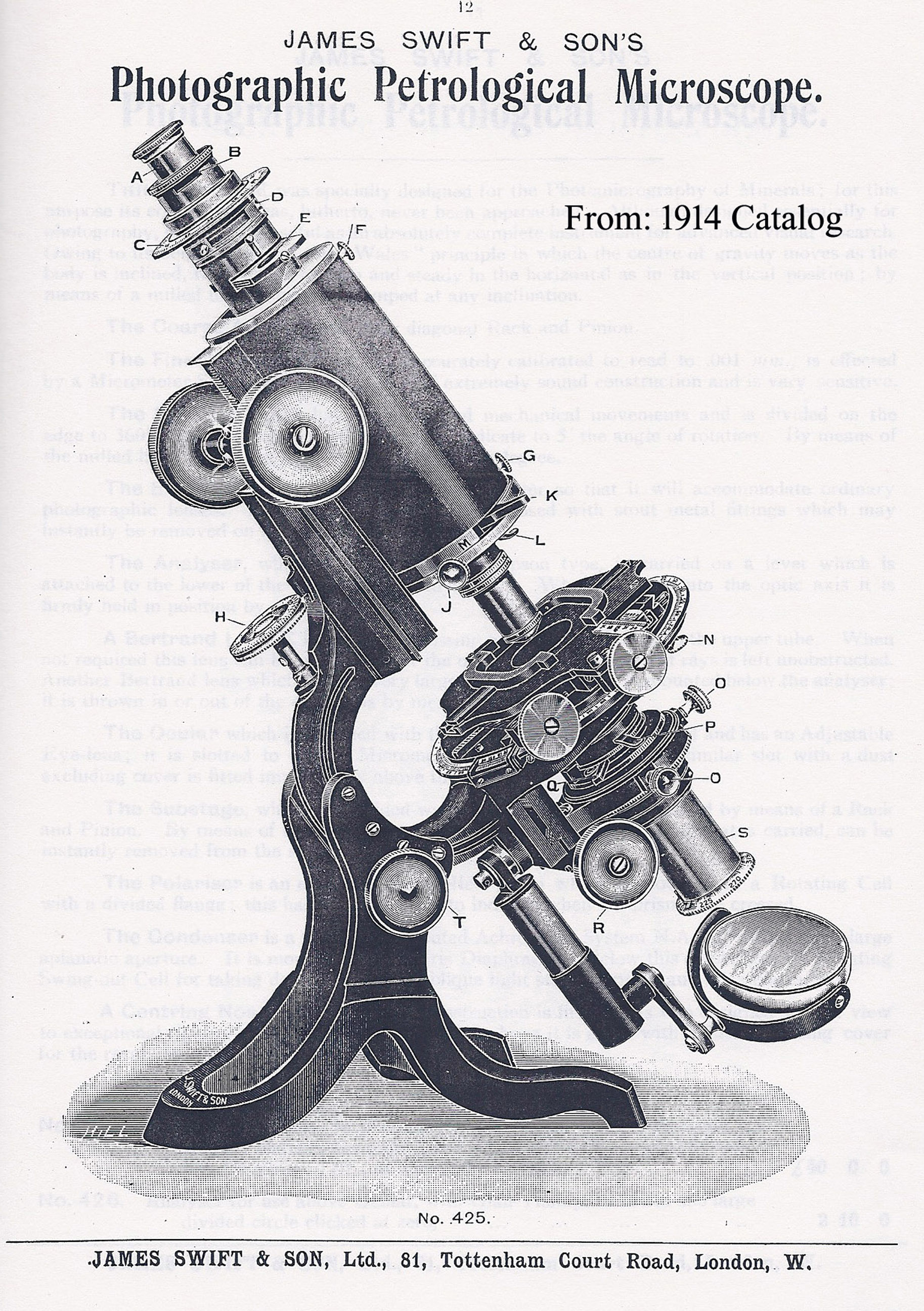 Swift Photographic petrographic Wale limb microscope from 1914 catalog