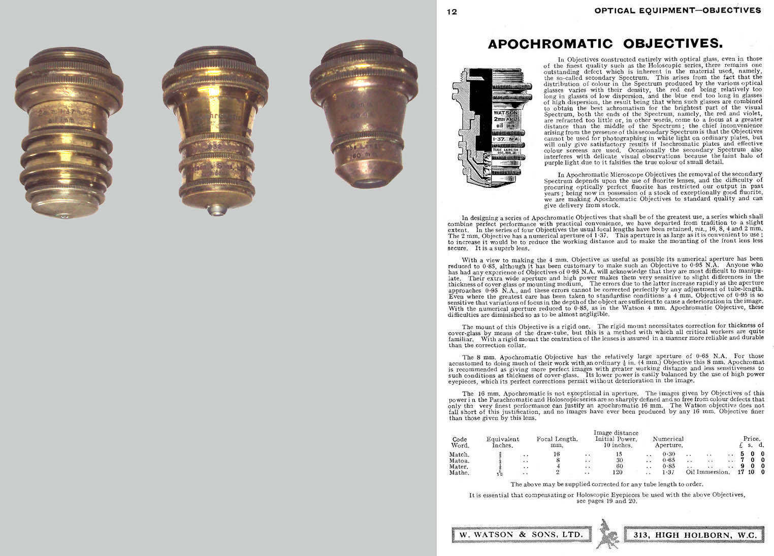 Apochromatic Objectives for Watson & Sons Ltd Royal Microscope