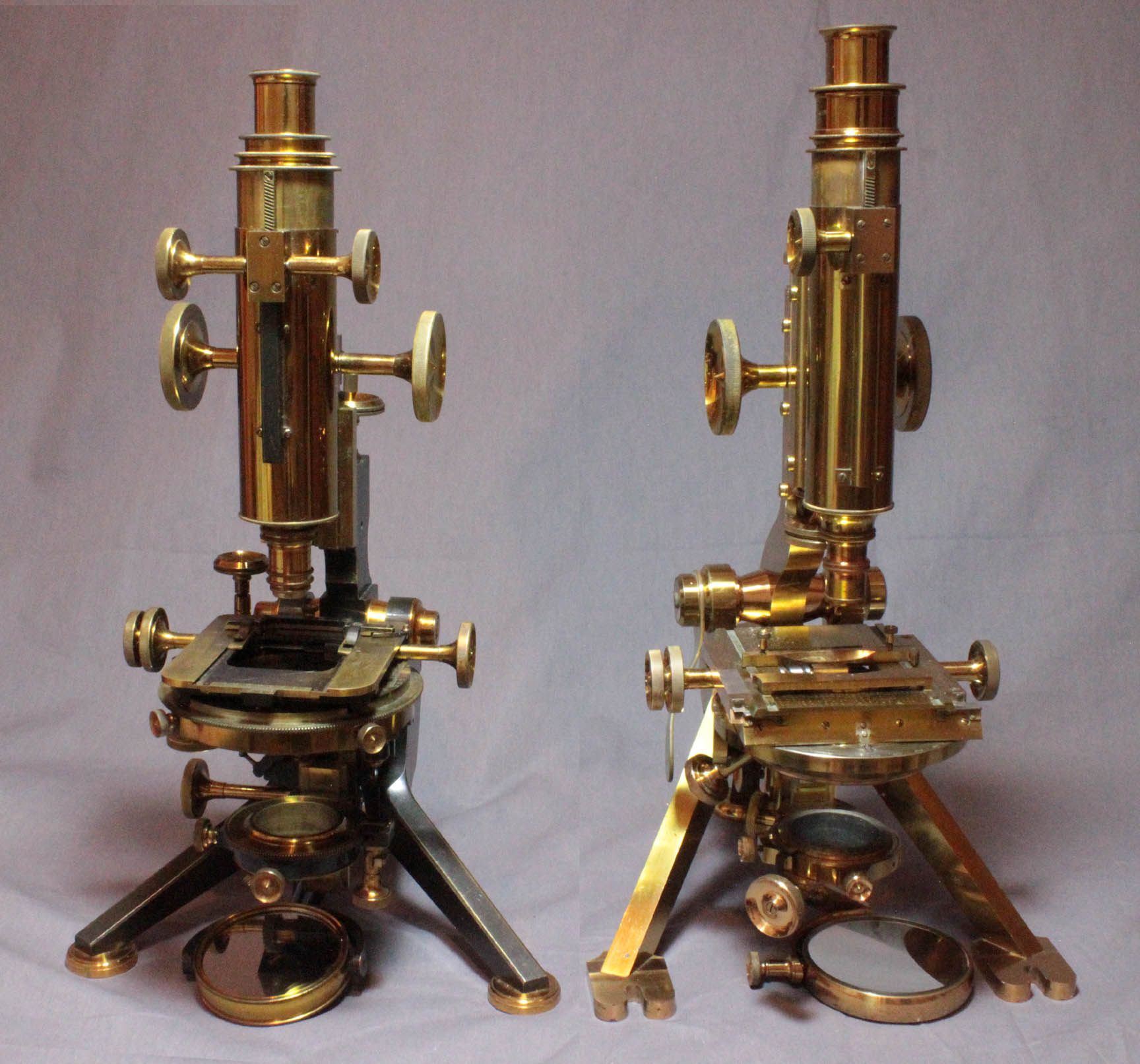 Nelson No 1a microscope next to a Watson Grand Van Heurck  at same scale